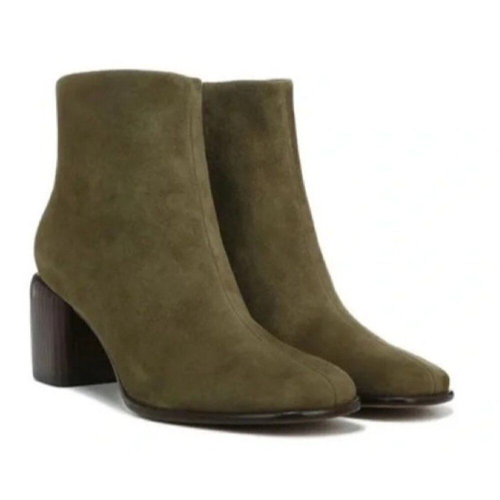 Vince $380 Maggie Ankle Boot Cypress Green Suede Square Toe Women’s 7.5 EU 37.5